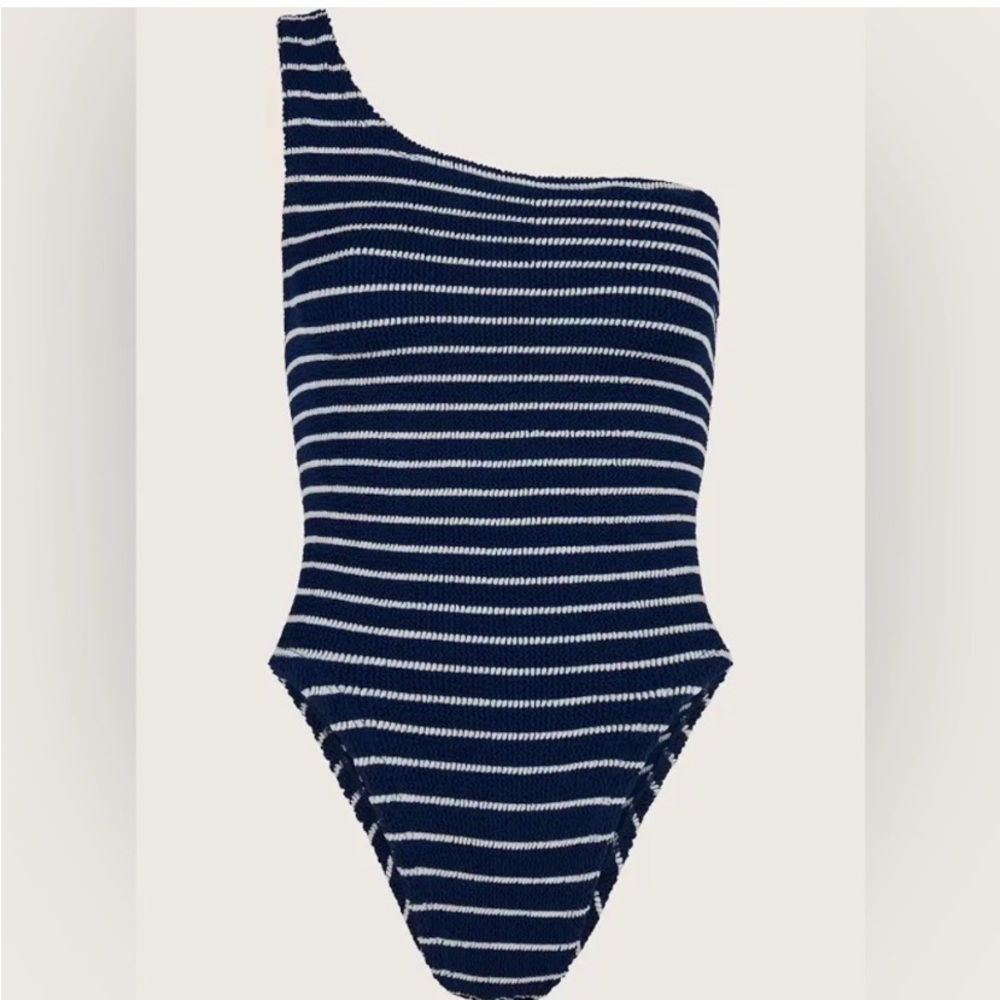 NWT HUNZA G NANCY ONE SHOULDER STRIPED SEERSUCKER SWIMSUIT- OS - Picture 3 of 3